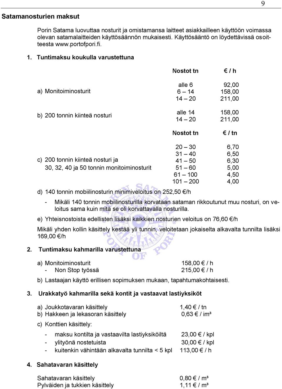 Tuntimaksu koukulla varustettuna Nostot tn / h a) Monitoiminosturit b) 200 tonnin kiinteä nosturi alle 6 92,00 6 14 158,00 14 20 211,00 alle 14 158,00 14 20 211,00 Nostot tn / tn c) 200 tonnin