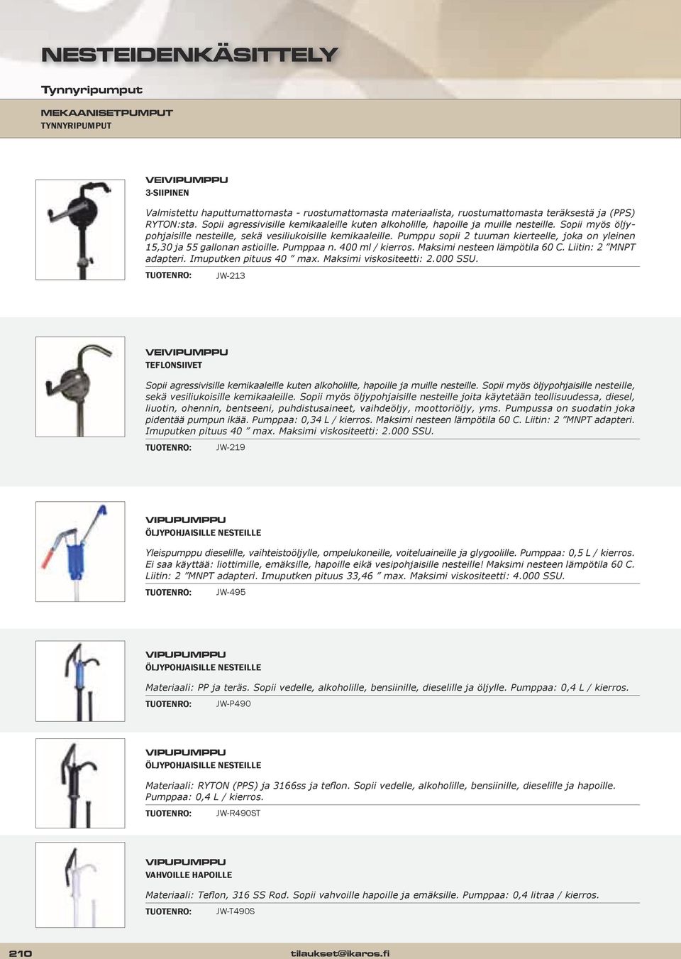 Pumppu sopii 2 tuuman kierteelle, joka on yleinen 15,30 ja 55 gallonan astioille. Pumppaa n. 400 ml / kierros. Maksimi nesteen lämpötila 60 C. Liitin: 2 MNPT adapteri. Imuputken pituus 40 max.