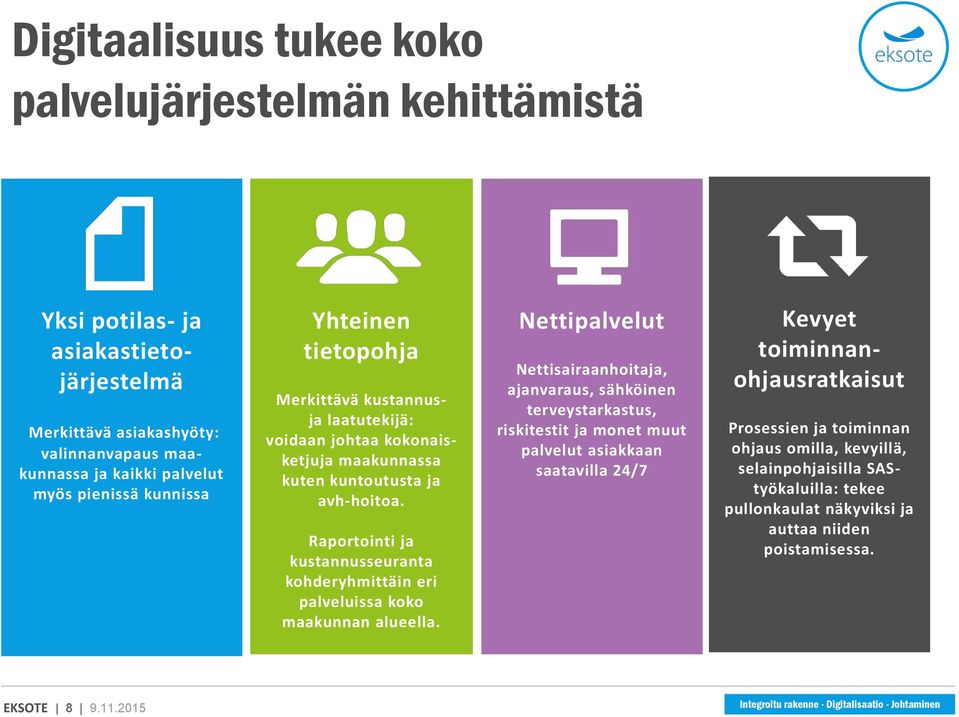 Raportointi ja kustannusseuranta kohderyhmittäin eri palveluissa koko maakunnan alueella.