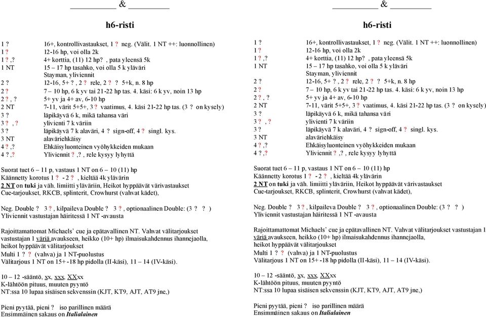 vaatimus, 4. käsi 21-22 hp tas. (3? on kysely) 3? läpikäyvä 6 k, mikä tahansa väri 3?,? ylivienti 7 k väriin 3? läpikäyvä 7 k alaväri, 4? sign-off, 4? singl. kys. 3 NT alaväriehkäisy 4?,? Ehkäisyluonteinen vyöhykkeiden mukaan 4?