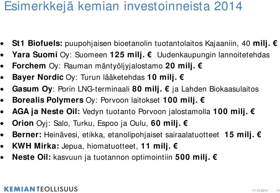 ja Lahden Biokaasulaitos Borealis Polymers Oy: Porvoon laitokset 100 milj. AGA ja Neste Oil: Vedyn tuotanto Porvoon jalostamolla 100 milj.