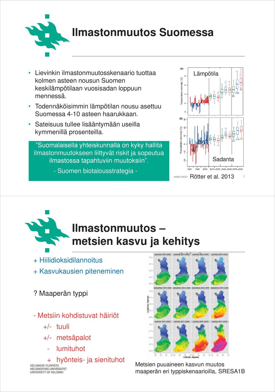 Suomalaisella yhteiskunnalla on kyky hallita ilmastonmuutokseen liittyvät riskit ja sopeutua ilmastossa tapahtuviin muutoksiin. - Suomen biotalousstrategia - Lämpötila Sadanta Rötter et al.