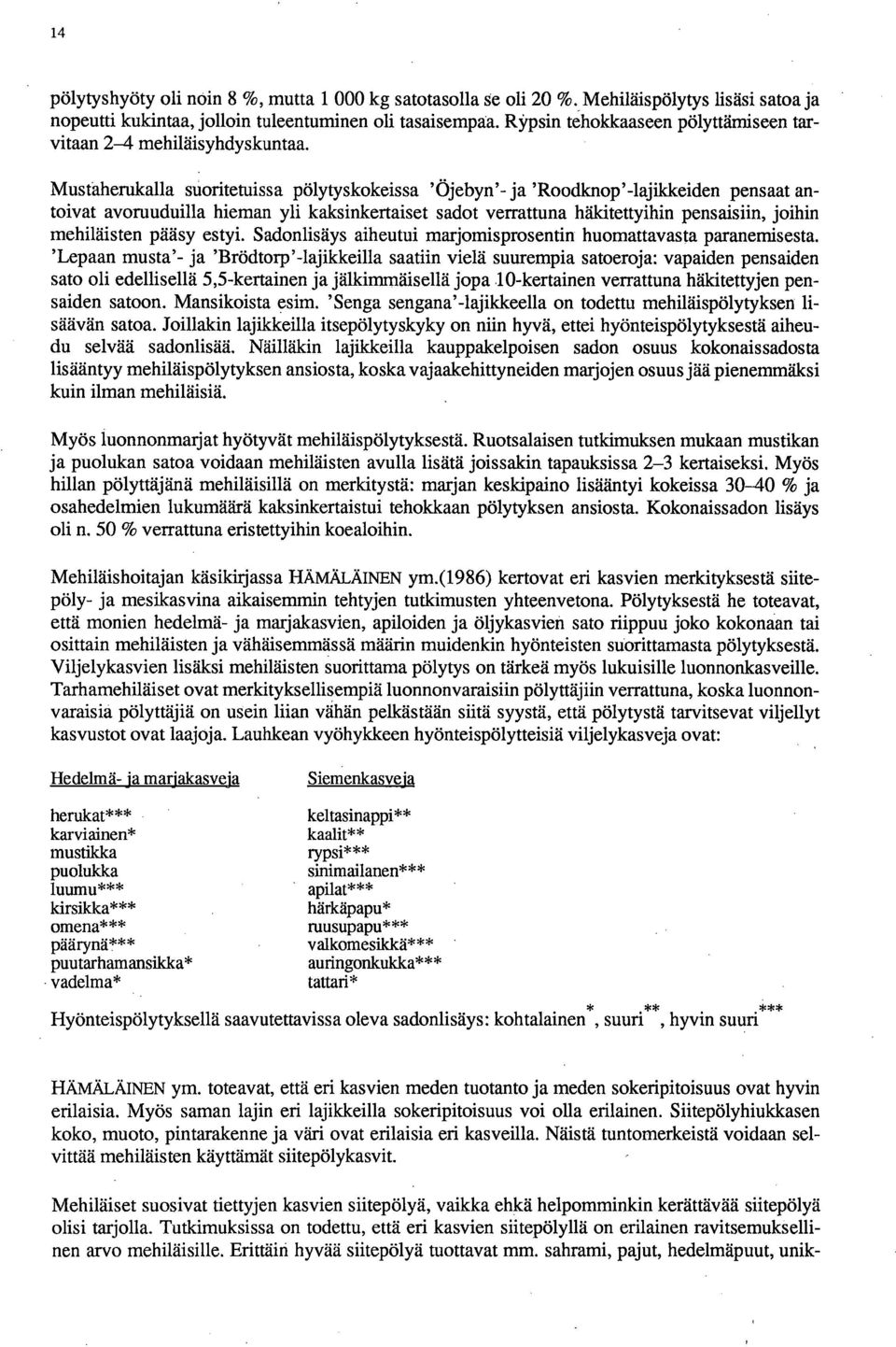 Mustahemkalla suoritetuissa pölytyskokeissa ' Öjebyn'- ja 'Roodknop ' -lajikkeiden pensaat antoivat avoruuduilla hieman yli kaksinkertaiset sadot verrattuna häkitettyihin pensaisiin, joihin