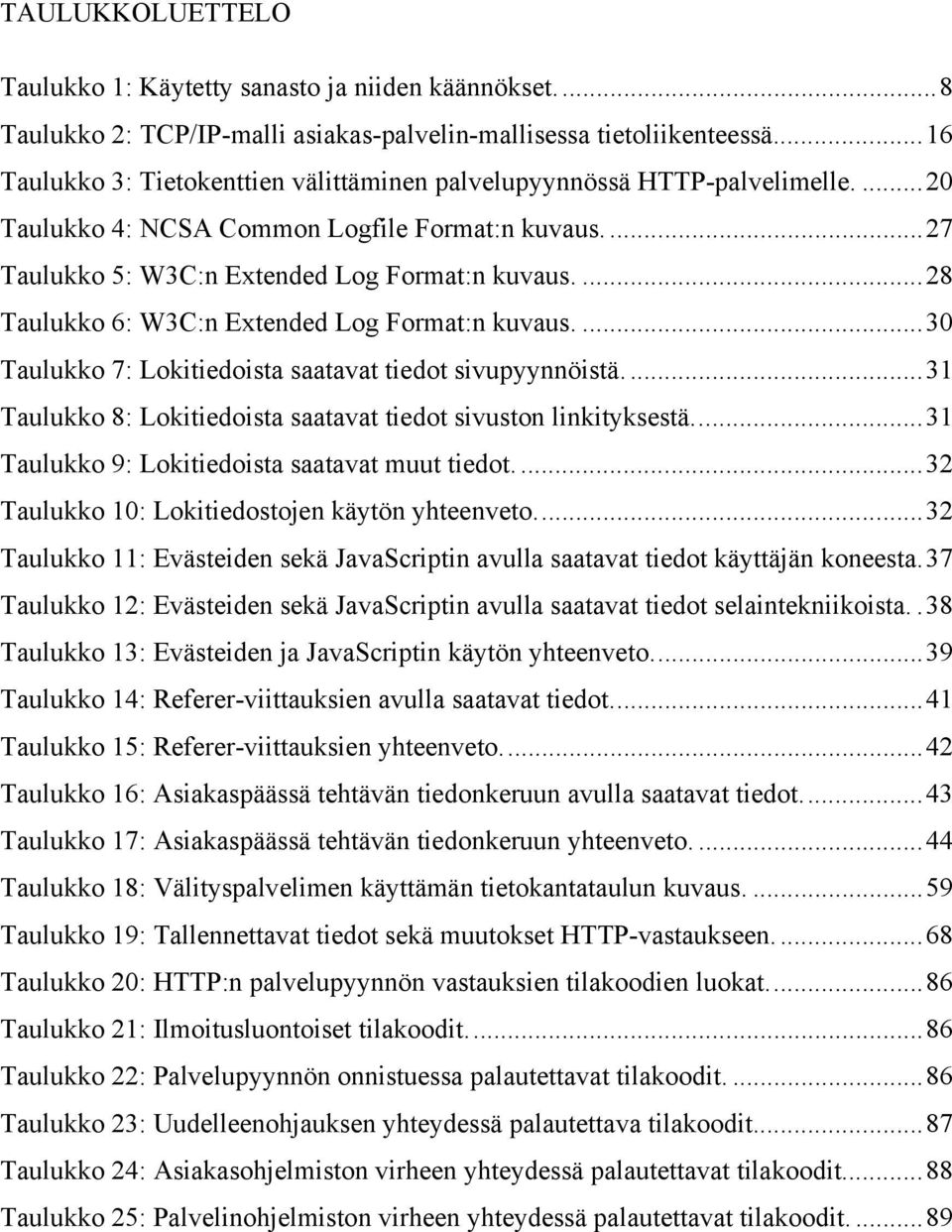 ...28 Taulukko 6: W3C:n Extended Log Format:n kuvaus....30 Taulukko 7: Lokitiedoista saatavat tiedot sivupyynnöistä....31 Taulukko 8: Lokitiedoista saatavat tiedot sivuston linkityksestä.