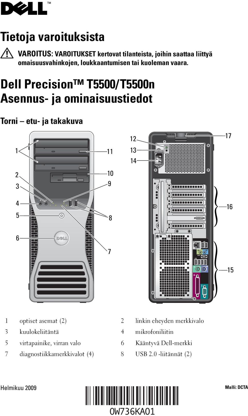 Dell Precision T5500/T5500n Asennus- ja ominaisuustiedot Torni etu- ja takakuva 1 2 3 4 5 11 10 9 8 12 13 14 17 16 6 7