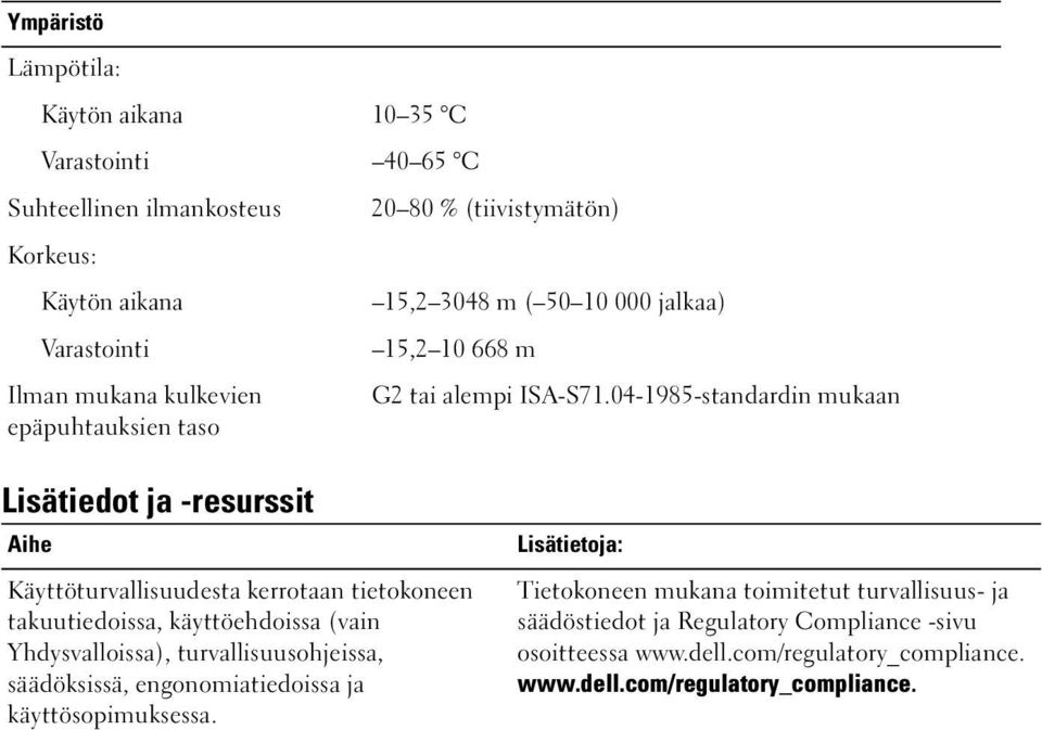 04-1985-standardin mukaan Lisätiedot ja -resurssit Aihe Käyttöturvallisuudesta kerrotaan tietokoneen takuutiedoissa, käyttöehdoissa (vain Yhdysvalloissa),