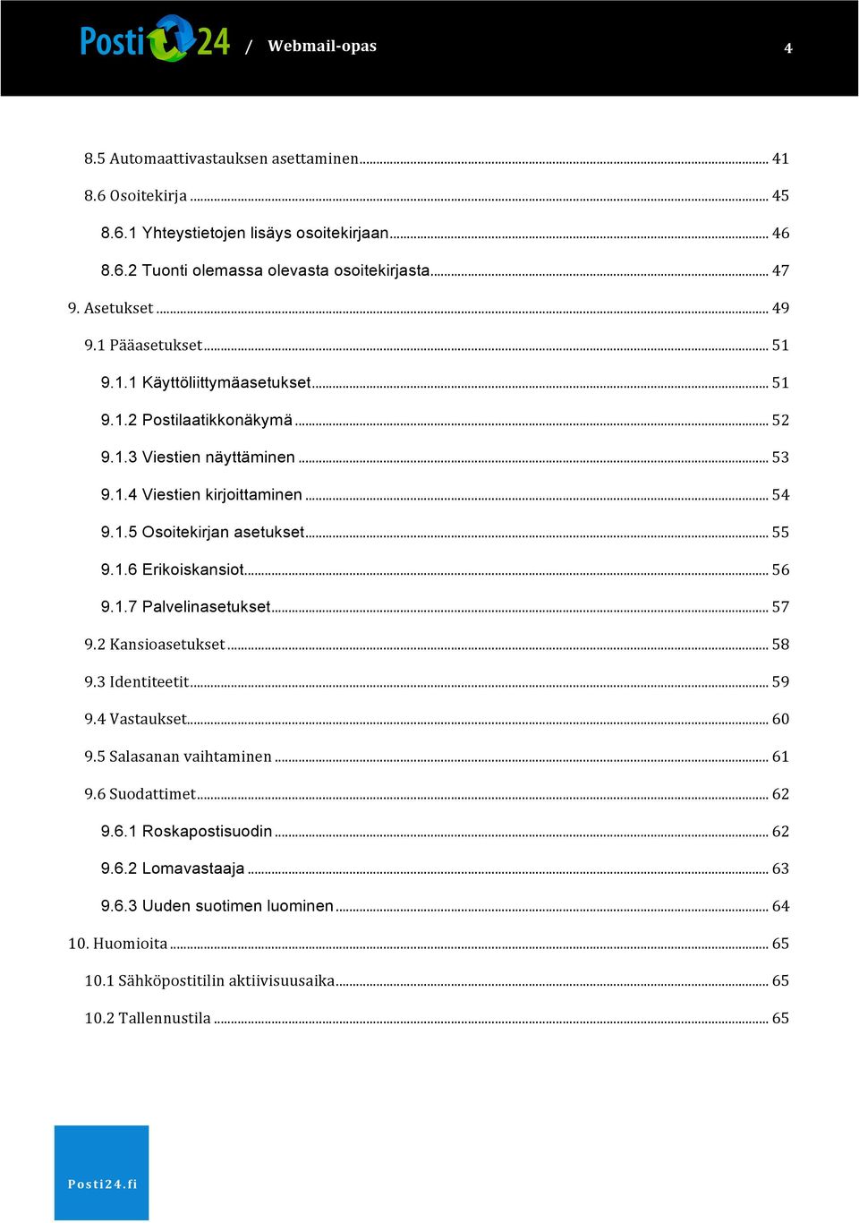 .. 55 9.1.6 Erikoiskansiot... 56 9.1.7 Palvelinasetukset... 57 9.2Kansioasetukset... 58 9.3Identiteetit... 59 9.4Vastaukset... 60 9.5Salasananvaihtaminen... 61 9.6Suodattimet... 62 9.6.1 Roskapostisuodin.