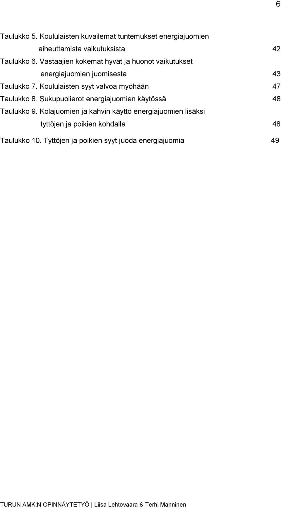 Koululaisten syyt valvoa myöhään 47 Taulukko 8. Sukupuolierot energiajuomien käytössä 48 Taulukko 9.