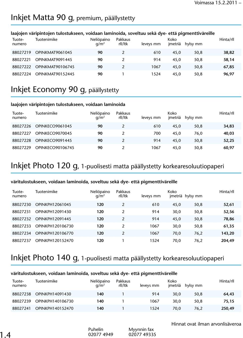 väripintojen tulostukseen, voidaan laminoida 88027226 OPINKECO9061045 90 2 610 45,0 50,8 34,83 88027227 OPINKECO9070045 90 2 700 45,0 76,0 40,03 88027228 OPINKECO9091445 90 2 914 45,0 50,8 52,25