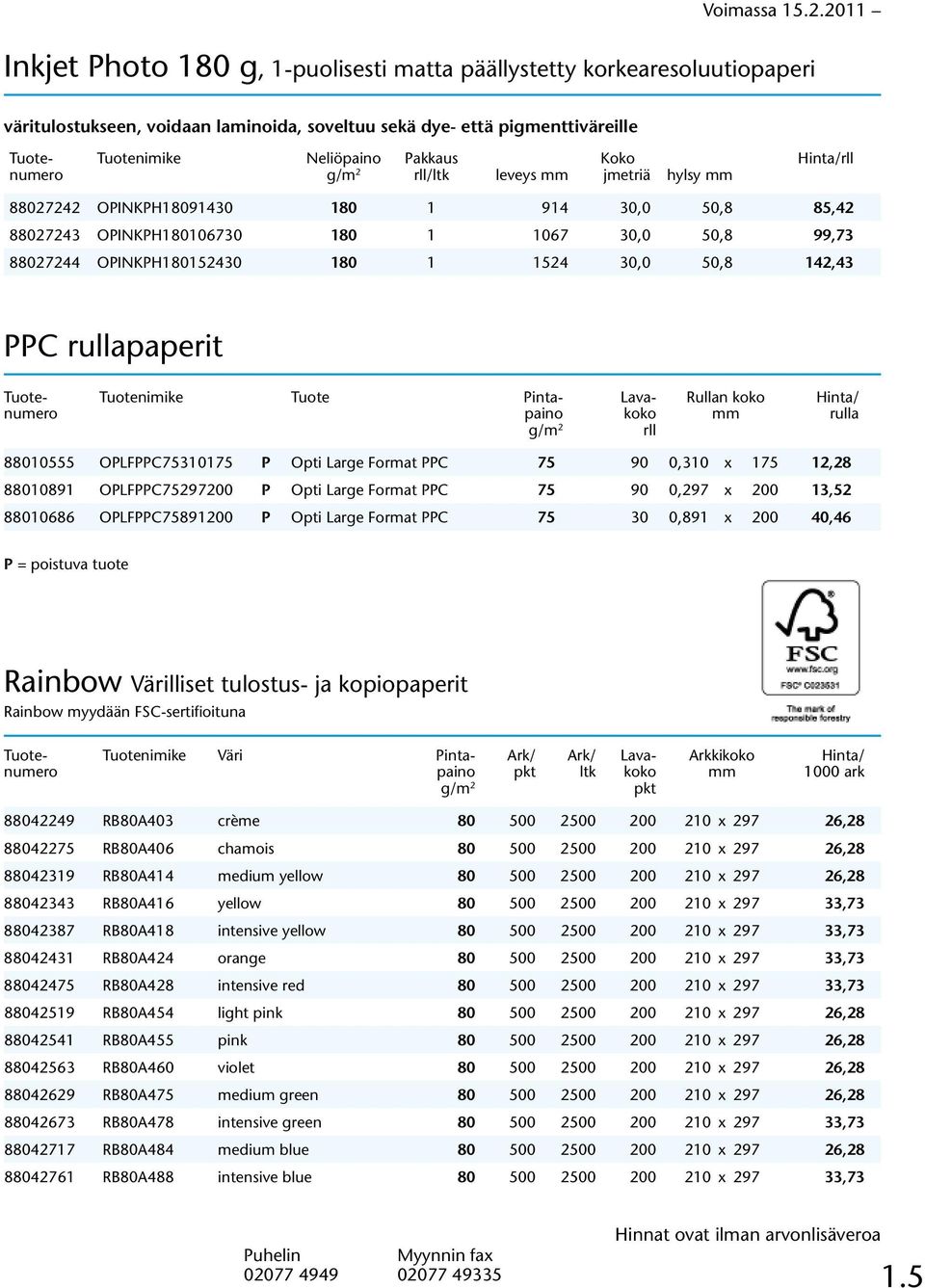 koko mm rulla g/m 2 rll 88010555 OPLFPPC75310175 P Opti Large Format PPC 75 90 0,310 x 175 12,28 88010891 OPLFPPC75297200 P Opti Large Format PPC 75 90 0,297 x 200 13,52 88010686 OPLFPPC75891200 P