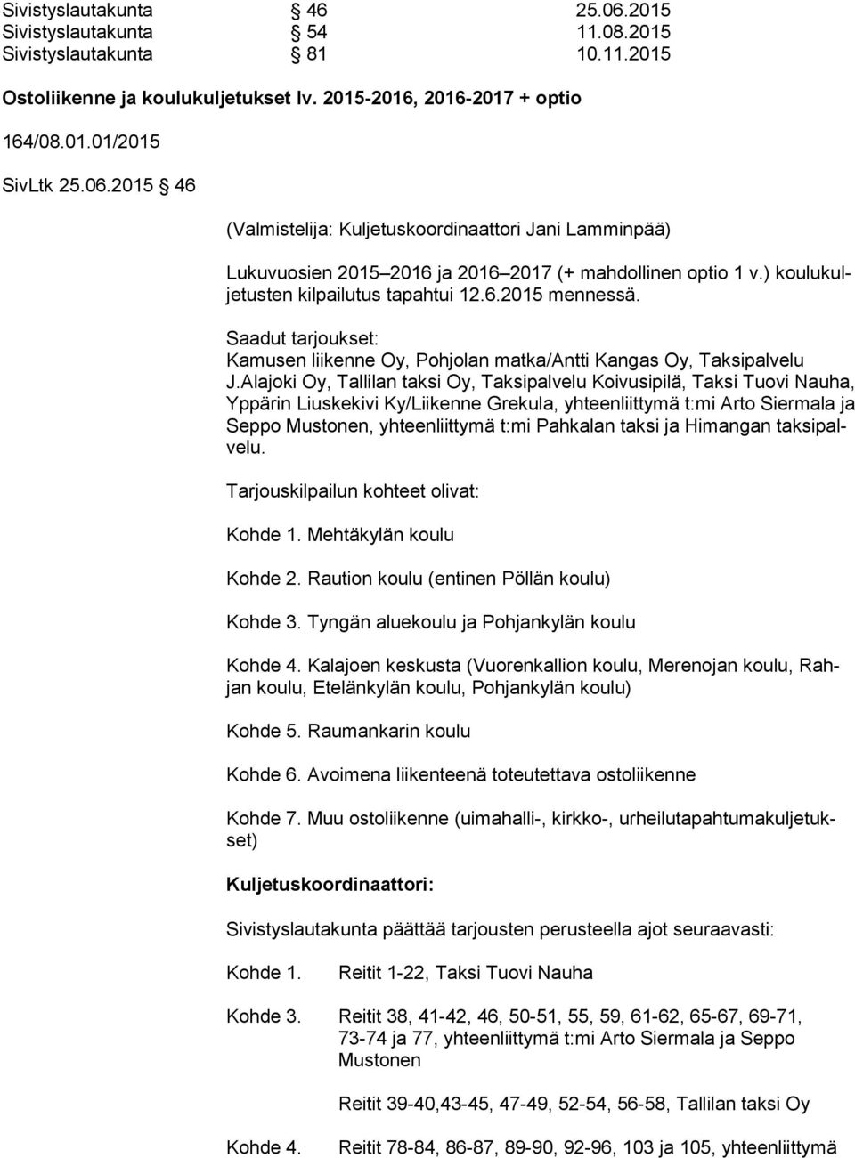 Alajoki Oy, Tallilan taksi Oy, Taksipalvelu Koivusipilä, Taksi Tuovi Nau ha, Yppärin Liuskekivi Ky/Liikenne Grekula, yhteenliittymä t:mi Arto Sier ma la ja Seppo Mustonen, yhteenliittymä t:mi