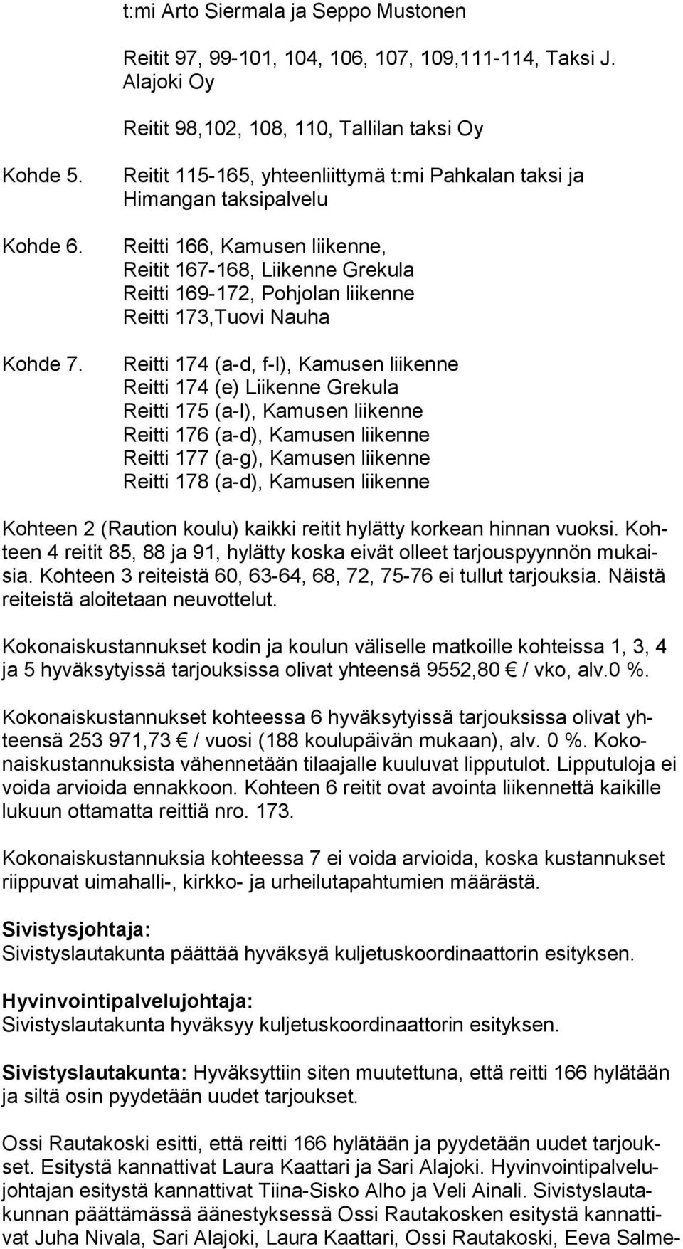 Reitti 174 (a-d, f-l), Kamusen liikenne Reitti 174 (e) Liikenne Grekula Reitti 175 (a-l), Kamusen liikenne Reitti 176 (a-d), Kamusen liikenne Reitti 177 (a-g), Kamusen liikenne Reitti 178 (a-d),