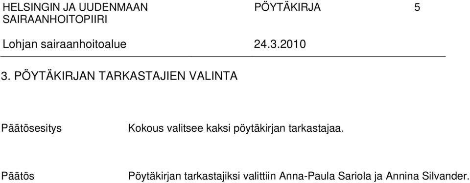 Kokous valitsee kaksi pöytäkirjan tarkastajaa.