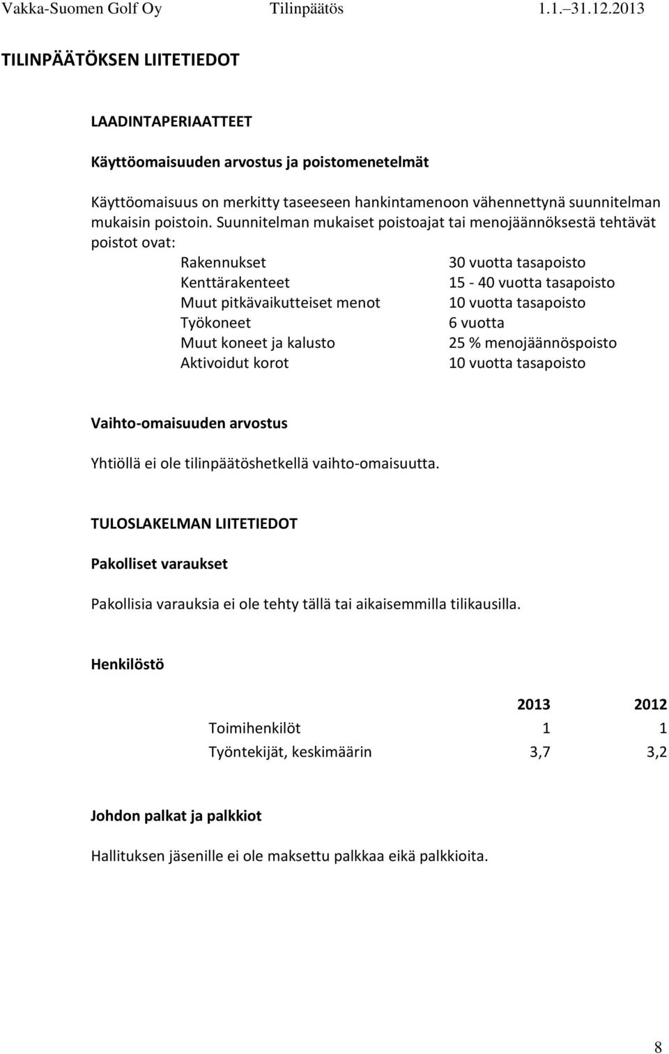 Työkoneet 6 vuotta Muut koneet ja kalusto 25 % menojäännöspoisto Aktivoidut korot 10 vuotta tasapoisto Vaihto-omaisuuden arvostus Yhtiöllä ei ole tilinpäätöshetkellä vaihto-omaisuutta.