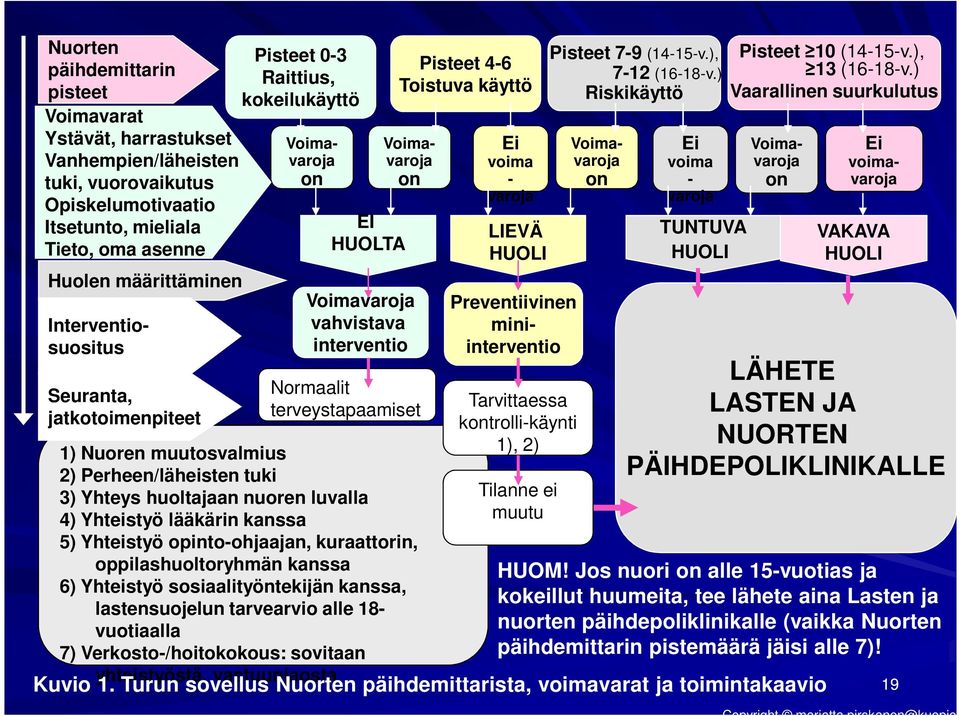 terveystapaamiset 1) Nuoren muutosvalmius 2) Perheen/läheisten tuki 3) Yhteys huoltajaan nuoren luvalla 4) Yhteistyö lääkärin kanssa 5) Yhteistyö opinto-ohjaajan, kuraattorin, oppilashuoltoryhmän