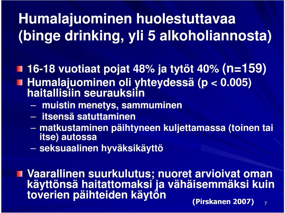 005) haitallisiin seurauksiin muistin menetys, sammuminen itsensä satuttaminen matkustaminen päihtyneen