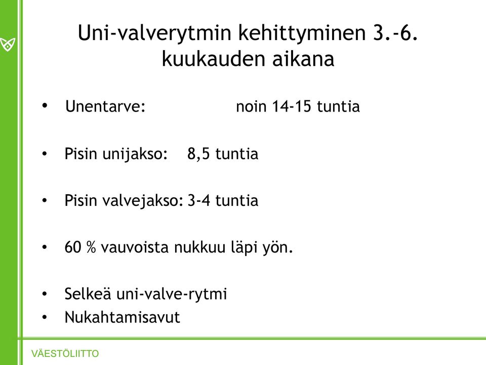 unijakso: 8,5 tuntia Pisin valvejakso: 3-4 tuntia 60 %