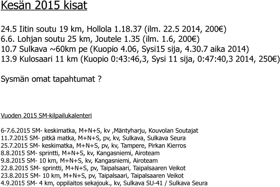 7.2015 SM- pitkä matka, M+N+S, pv, kv, Sulkava, Sulkava Seura 25.7.2015 SM- keskimatka, M+N+S, pv, kv, Tampere, Pirkan Kierros 8.8.2015 SM- sprintti, M+N+S, kv, Kangasniemi, Airoteam 9.8.2015 SM- 10 km, M+N+S, kv, Kangasniemi, Airoteam 22.