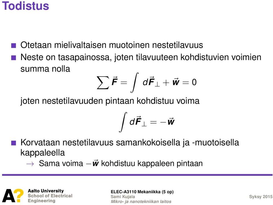 = 0 joten nestetilavuuden pintaan kohdistuu voima d F = w Korvataan