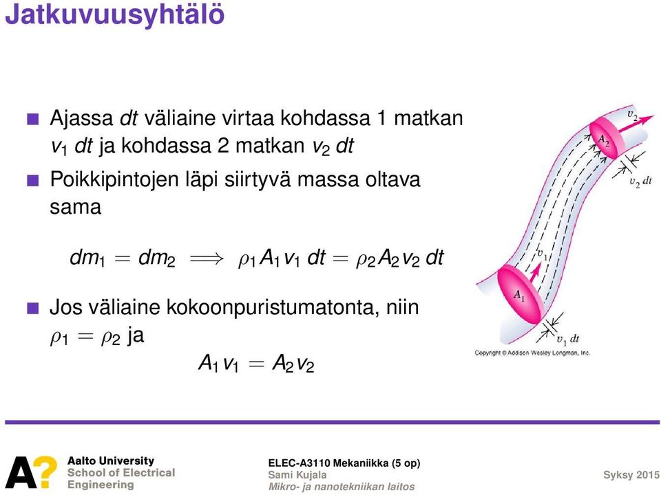 massa oltava sama dm 1 = dm 2 = ρ 1 A 1 v 1 dt = ρ 2 A 2 v 2 dt