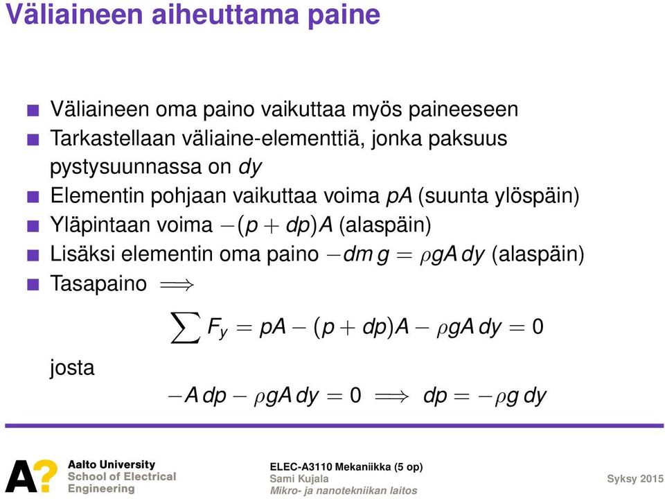 pa (suunta ylöspäin) Yläpintaan voima (p + dp)a (alaspäin) Lisäksi elementin oma paino dm g