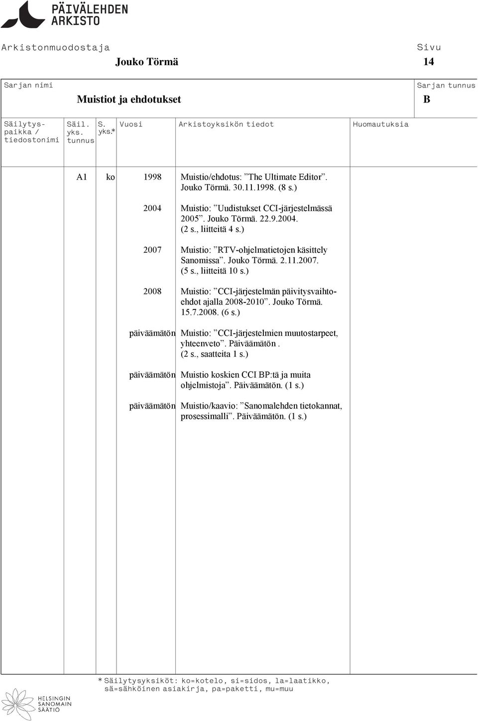 2007. (5 s., liitteitä 10 s.) 2008 Muistio: CCI-järjestelmän päivitysvaihtoehdot ajalla 2008-2010. Jouko Törmä. 15.7.2008. (6 s.
