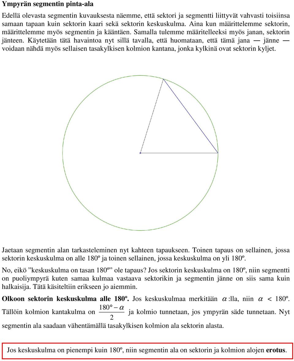 Käytetään tätä havaintoa nyt sillä tavalla, että huomataan, että tämä jana jänne voidaan nähdä myös sellaisen tasakylkisen kolmion kantana, jonka kylkinä ovat sektoin kyljet.