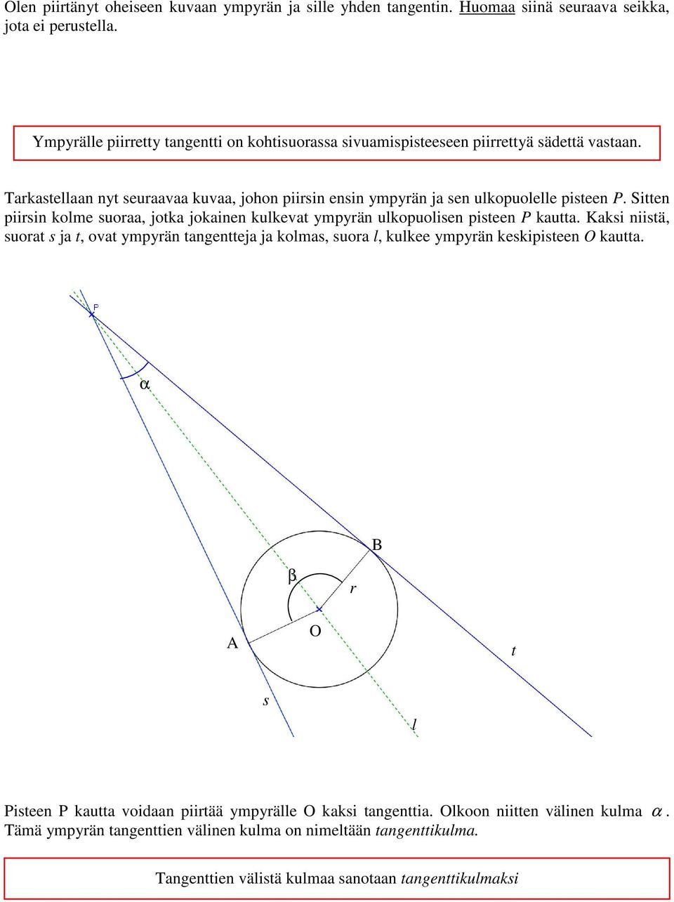 Sitten piisin kolme suoaa, jotka jokainen kulkevat ympyän ulkopuolisen pisteen P kautta.