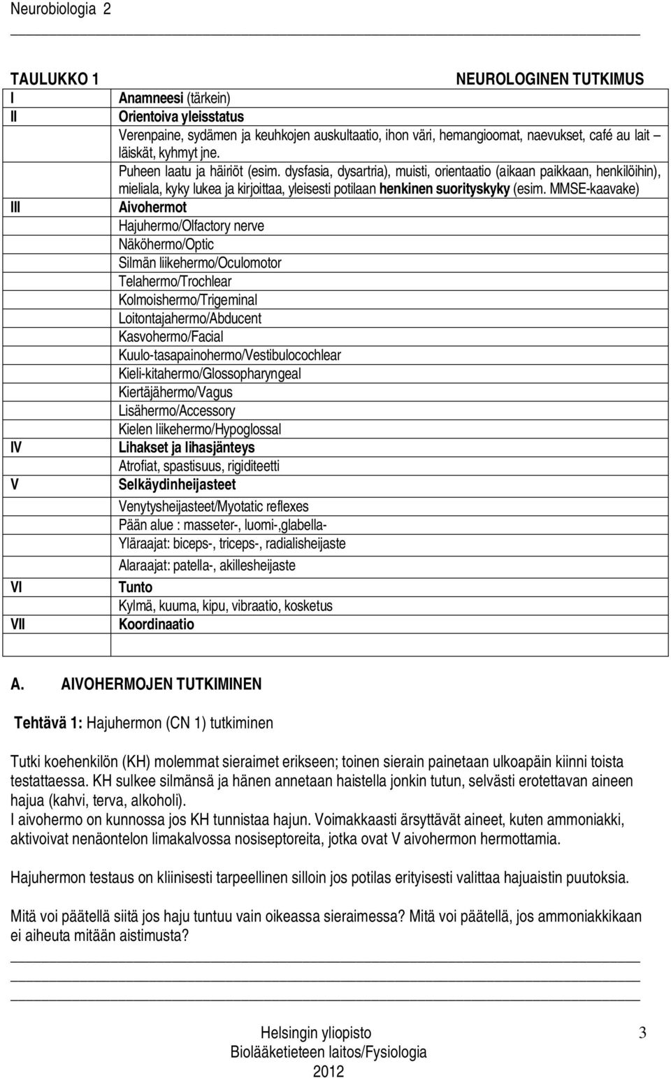 dysfasia, dysartria), muisti, orientaatio (aikaan paikkaan, henkilöihin), mieliala, kyky lukea ja kirjoittaa, yleisesti potilaan henkinen suorityskyky (esim.