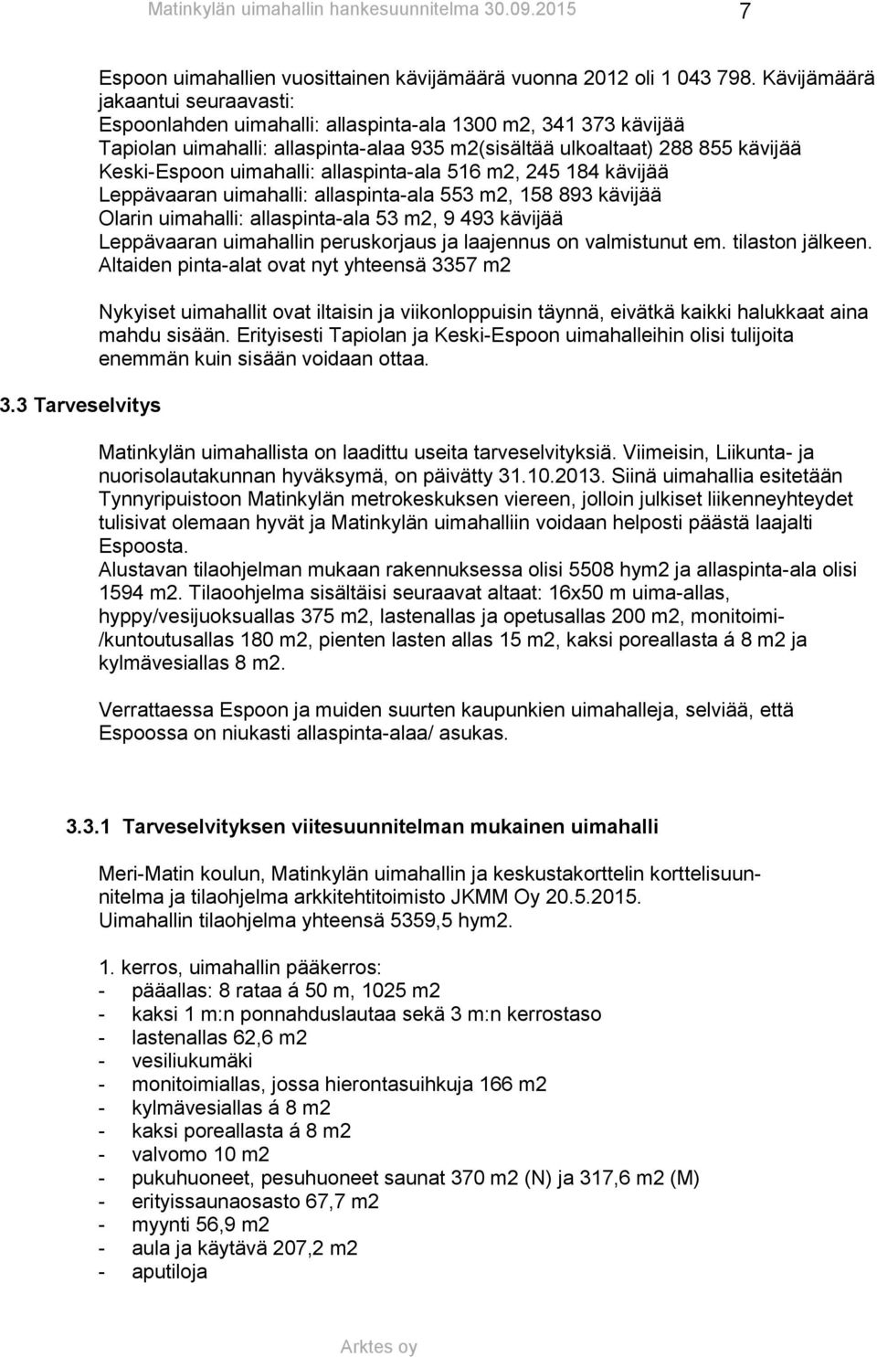 uimahalli: allaspinta-ala 516 m2, 245 184 kävijää Leppävaaran uimahalli: allaspinta-ala 553 m2, 158 893 kävijää Olarin uimahalli: allaspinta-ala 53 m2, 9 493 kävijää Leppävaaran uimahallin