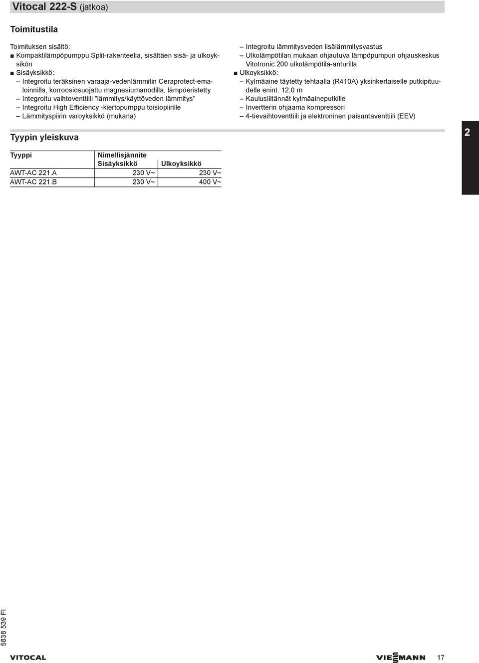 Lämmityspiirin varoyksikkö (mukana) Tyypin yleiskuva Tyyppi Nimellisjännite Sisäyksikkö Ulkoyksikkö AWT-AC 221.A 230 V~ 230 V~ AWT-AC 221.