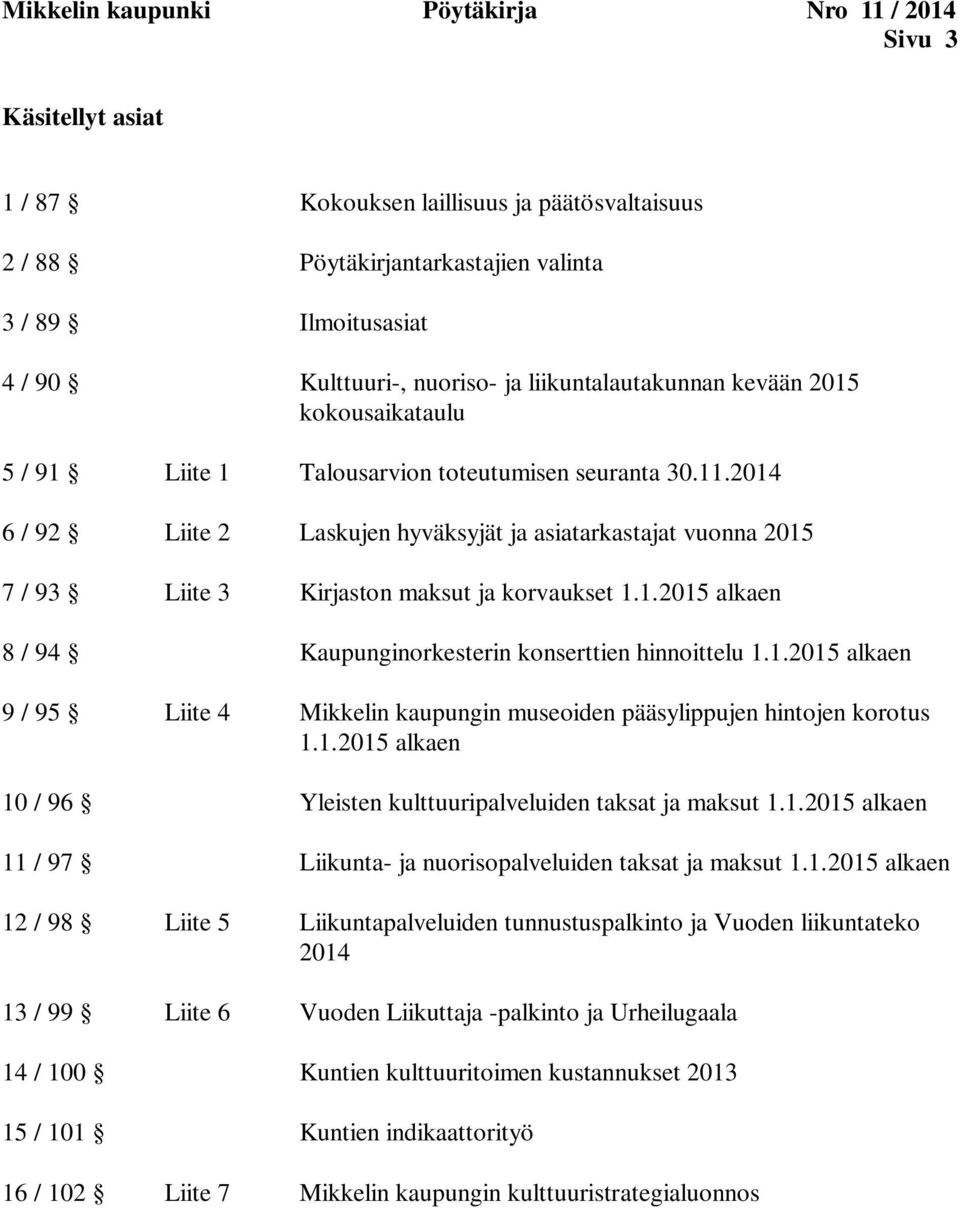 2014 6 / 92 Liite 2 Laskujen hyväksyjät ja asiatarkastajat vuonna 2015 7 / 93 Liite 3 Kirjaston maksut ja korvaukset 1.1.2015 alkaen 8 / 94 Kaupunginorkesterin konserttien hinnoittelu 1.1.2015 alkaen 9 / 95 Liite 4 Mikkelin kaupungin museoiden pääsylippujen hintojen korotus 1.