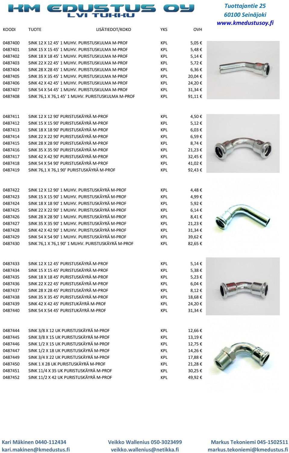 PURISTUSKULMA M-PROF KPL 20,04 0487406 SINK 42 X 42 45' 1 MUHV. PURISTUSKULMA M-PROF KPL 24,20 0487407 SINK 54 X 54 45' 1 MUHV. PURISTUSKULMA M-PROF KPL 31,34 0487408 SINK 76,1 X 76,1 45' 1 MUHV.