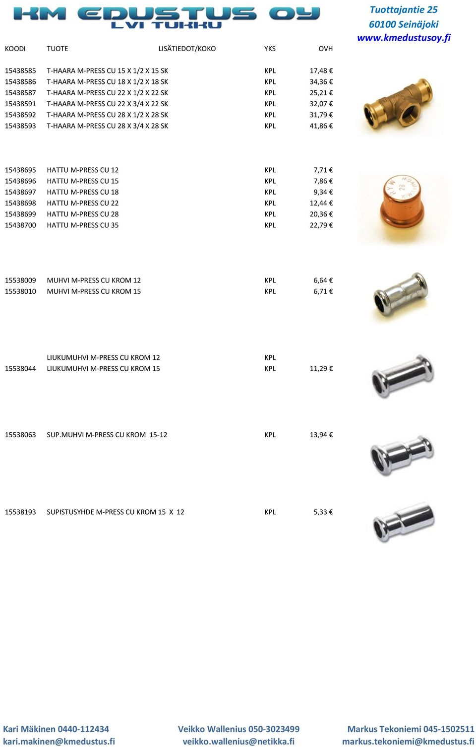 KPL 7,86 15438697 HATTU M-PRESS CU 18 KPL 9,34 15438698 HATTU M-PRESS CU 22 KPL 12,44 15438699 HATTU M-PRESS CU 28 KPL 20,36 15438700 HATTU M-PRESS CU 35 KPL 22,79 15538009 MUHVI M-PRESS CU KROM 12