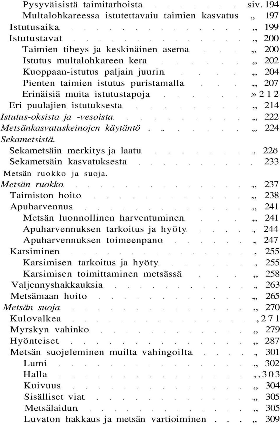 Pienten taimien istutus puristamalla 207 Erinäisiä muita istutustapoja»212 Eri puulajien istutuksesta 214 Istutus-oksista ja -vesoista 222 Metsänkasvatuskeinojcn käytäntö.. 224 Sekametsistä.