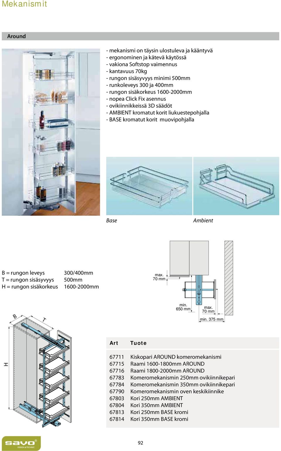 leveys T = rungon sisäsyvyys H = rungon sisäkorkeus 300/400mm 500mm 1600-2000mm max. 70 mm B T min. 650 mm max. 70 mm min.