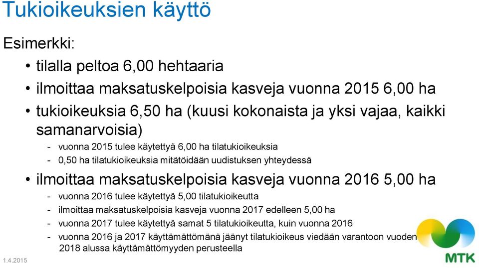 vuonna 2015 tulee käytettyä 6,00 ha tilatukioikeuksia - 0,50 ha tilatukioikeuksia mitätöidään uudistuksen yhteydessä ilmoittaa maksatuskelpoisia kasveja vuonna 2016 5,00 ha -