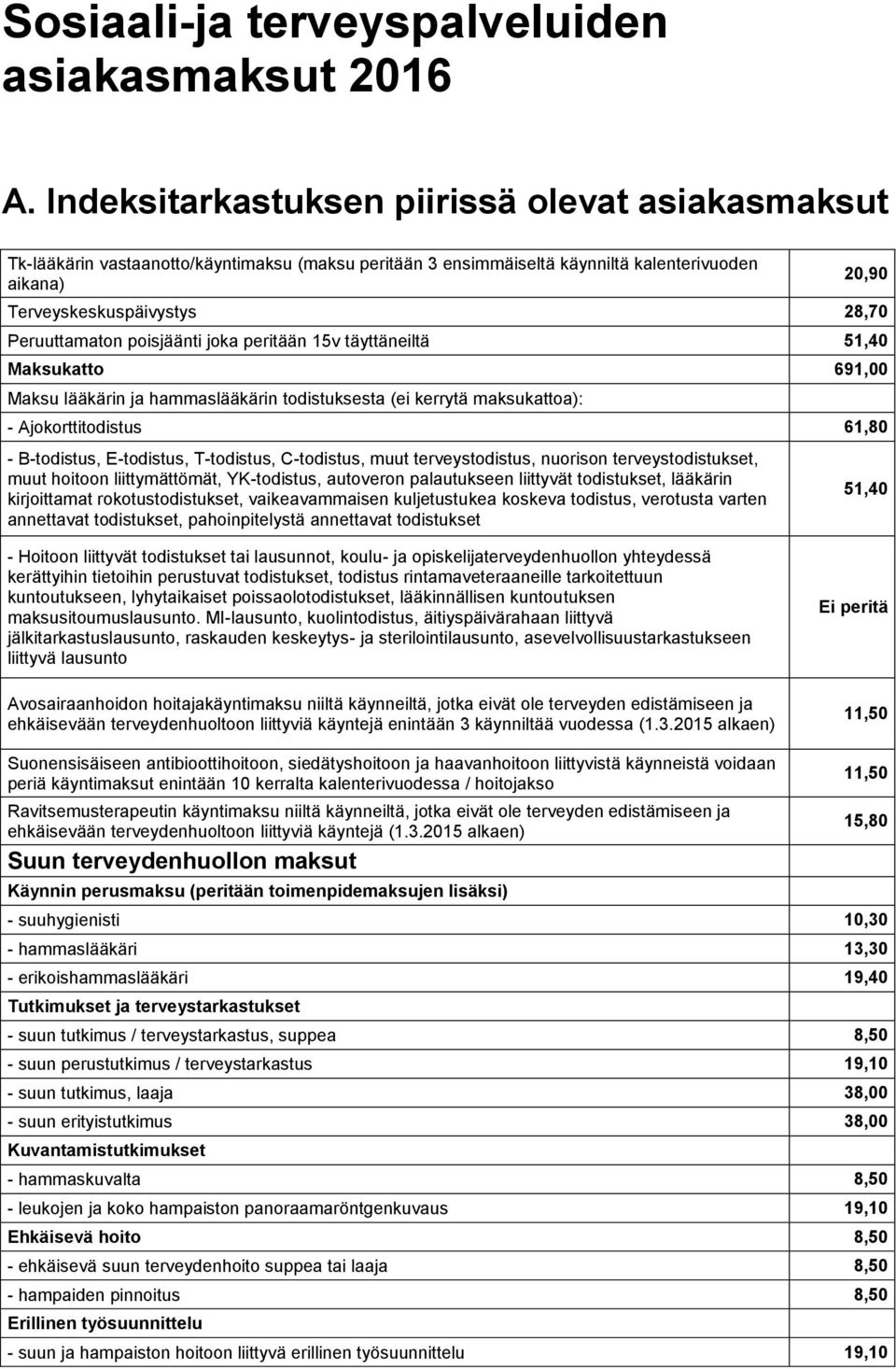 Peruuttamaton poisjäänti joka peritään 15v täyttäneiltä 51,40 Maksukatto 691,00 Maksu lääkärin ja hammaslääkärin todistuksesta (ei kerrytä maksukattoa): - Ajokorttitodistus 61,80 - B-todistus,