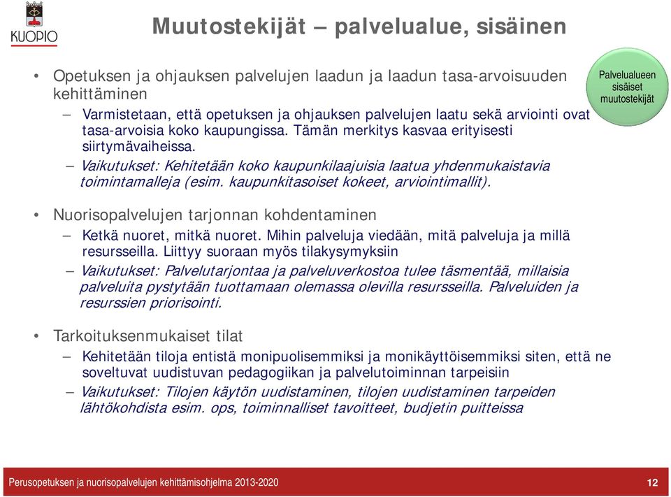 kaupunkitasoiset kokeet, arviointimallit). Palvelualueen sisäiset muutostekijät Nuorisopalvelujen tarjonnan kohdentaminen Ketkä nuoret, mitkä nuoret.