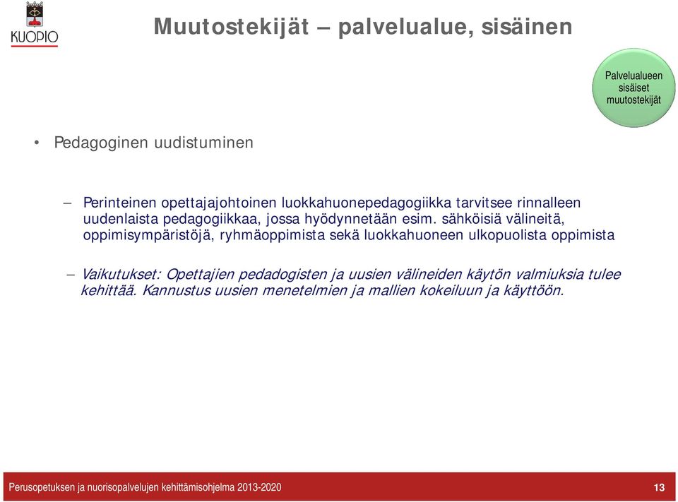 sähköisiä välineitä, oppimisympäristöjä, ryhmäoppimista sekä luokkahuoneen ulkopuolista oppimista Vaikutukset: Opettajien pedadogisten