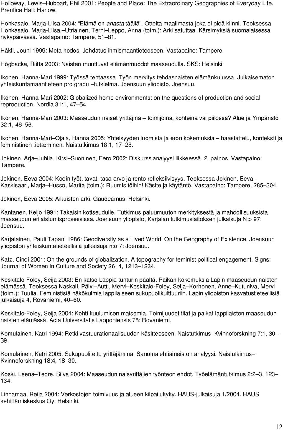 Häkli, Jouni 1999: Meta hodos. Johdatus ihmismaantieteeseen. Vastapaino: Tampere. Högbacka, Riitta 2003: Naisten muuttuvat elämänmuodot maaseudulla. SKS: Helsinki.