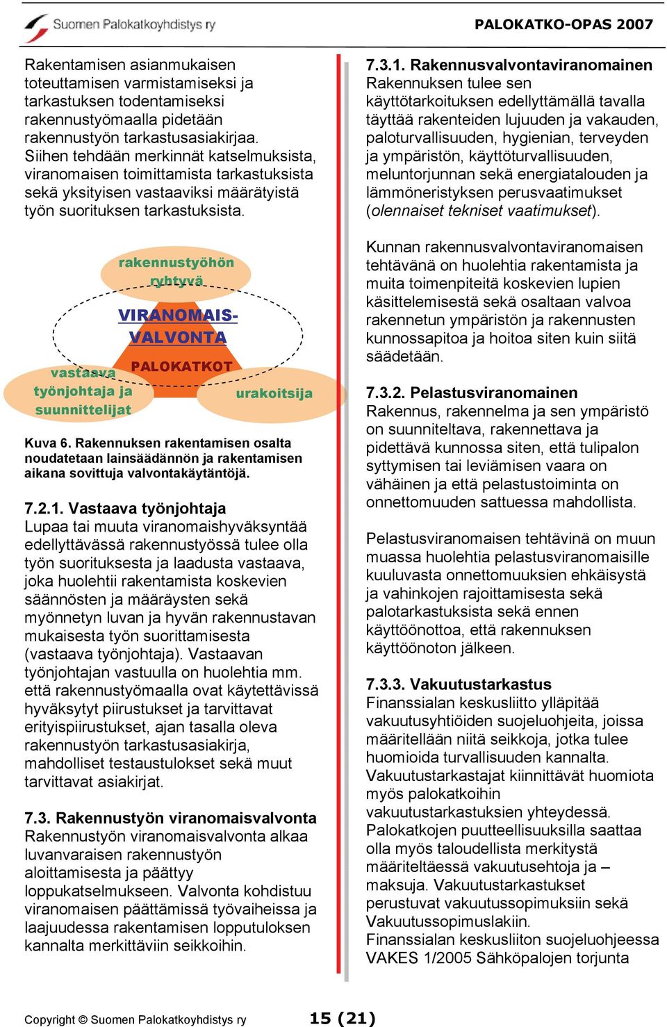 rakennustyöhön ryhtyvä VIRANOMAIS- VALVONTA vastaava PALOKATKOT työnjohtaja valvojat ja urakoitsija suunnittelijat Kuva 6.