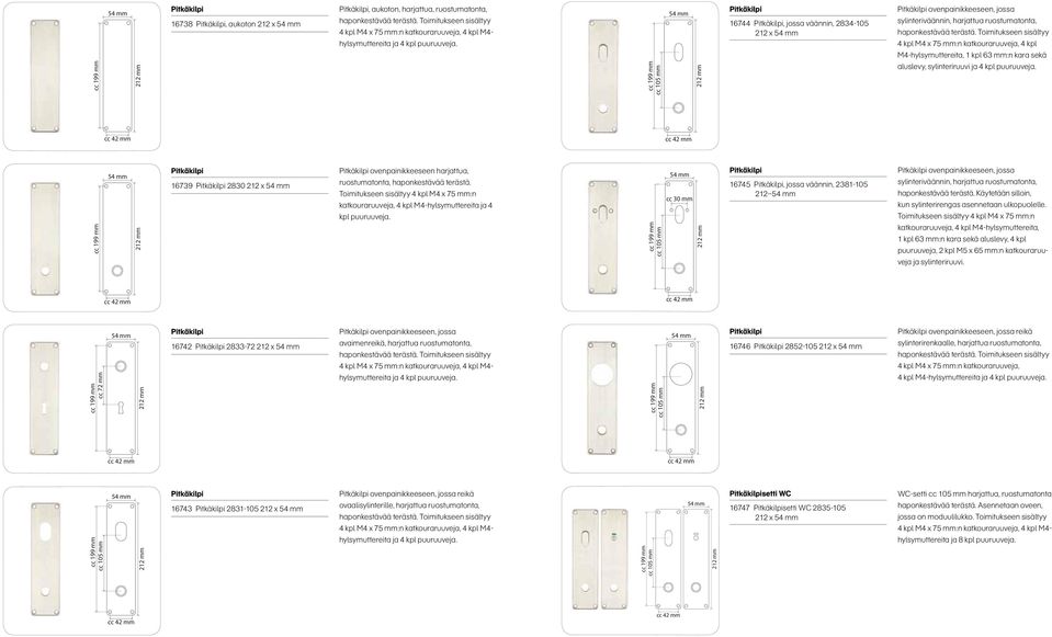 Toimitukseen sisältyy 4 kpl M4 x 75 mm:n katkouraruuveja, 4 kpl M4-hylsymuttereita, 1 kpl 63 mm:n kara sekä aluslevy, sylinteriruuvi ja 4 kpl puuruuveja.