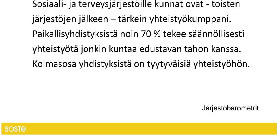 Paikallisyhdistyksistä noin 70 % tekee säännöllisesti yhteistyötä