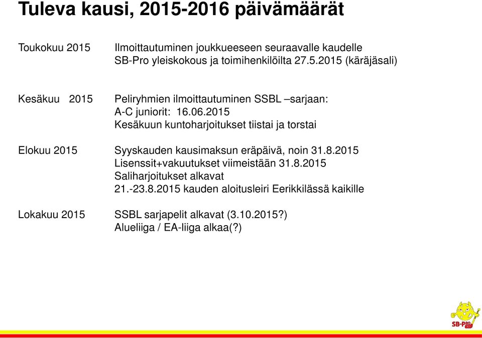 2015 Kesäkuun kuntoharjoitukset tiistai ja torstai Elokuu 2015 Syyskauden kausimaksun eräpäivä, noin 31.8.