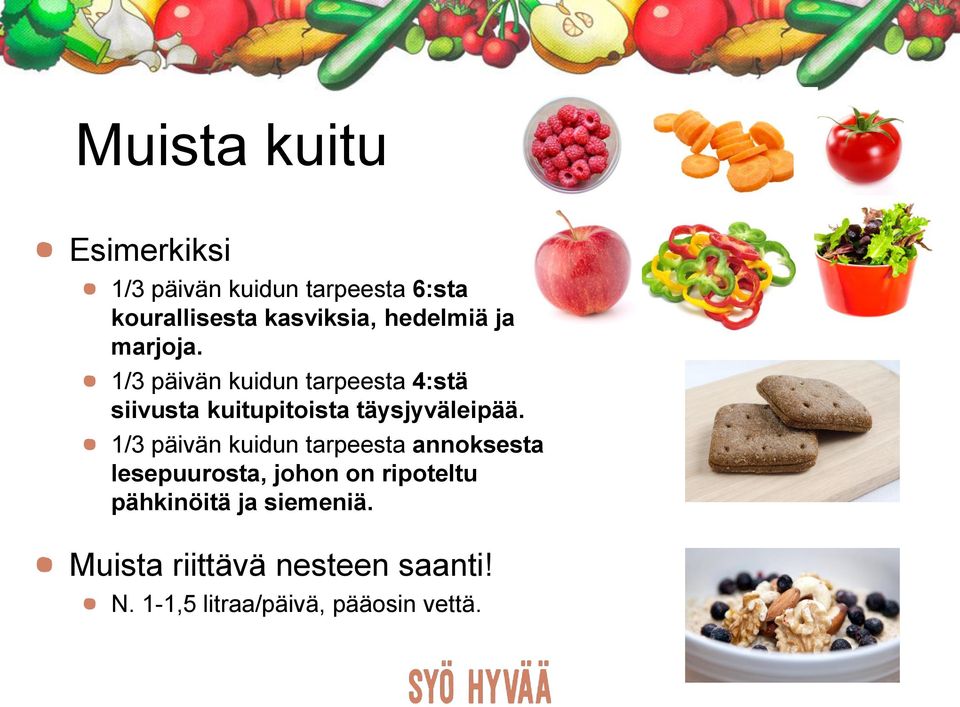 1/3 päivän kuidun tarpeesta 4:stä siivusta kuitupitoista täysjyväleipää.