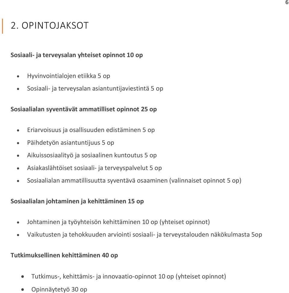 Sosiaalialan ammatillisuutta syventävä osaaminen (valinnaiset opinnot 5 op) Sosiaalialan johtaminen ja kehittäminen 15 op Johtaminen ja työyhteisön kehittäminen 10 op (yhteiset opinnot)