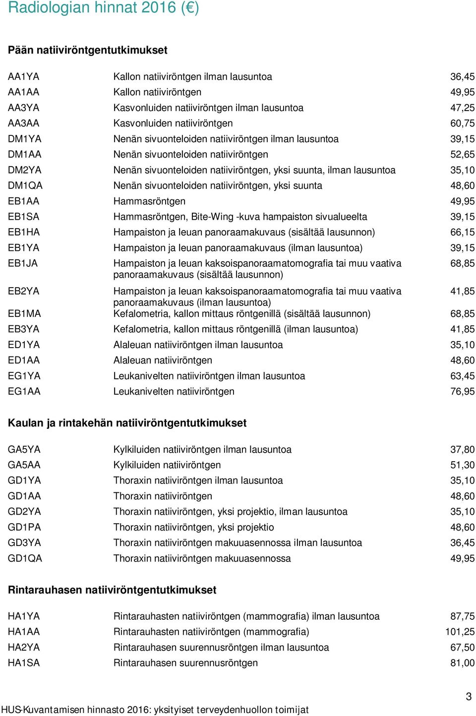 suunta, ilman lausuntoa 35,10 DM1QA Nenän sivuonteloiden natiiviröntgen, yksi suunta 48,60 EB1AA Hammasröntgen 49,95 EB1SA Hammasröntgen, Bite-Wing -kuva hampaiston sivualueelta 39,15 EB1HA