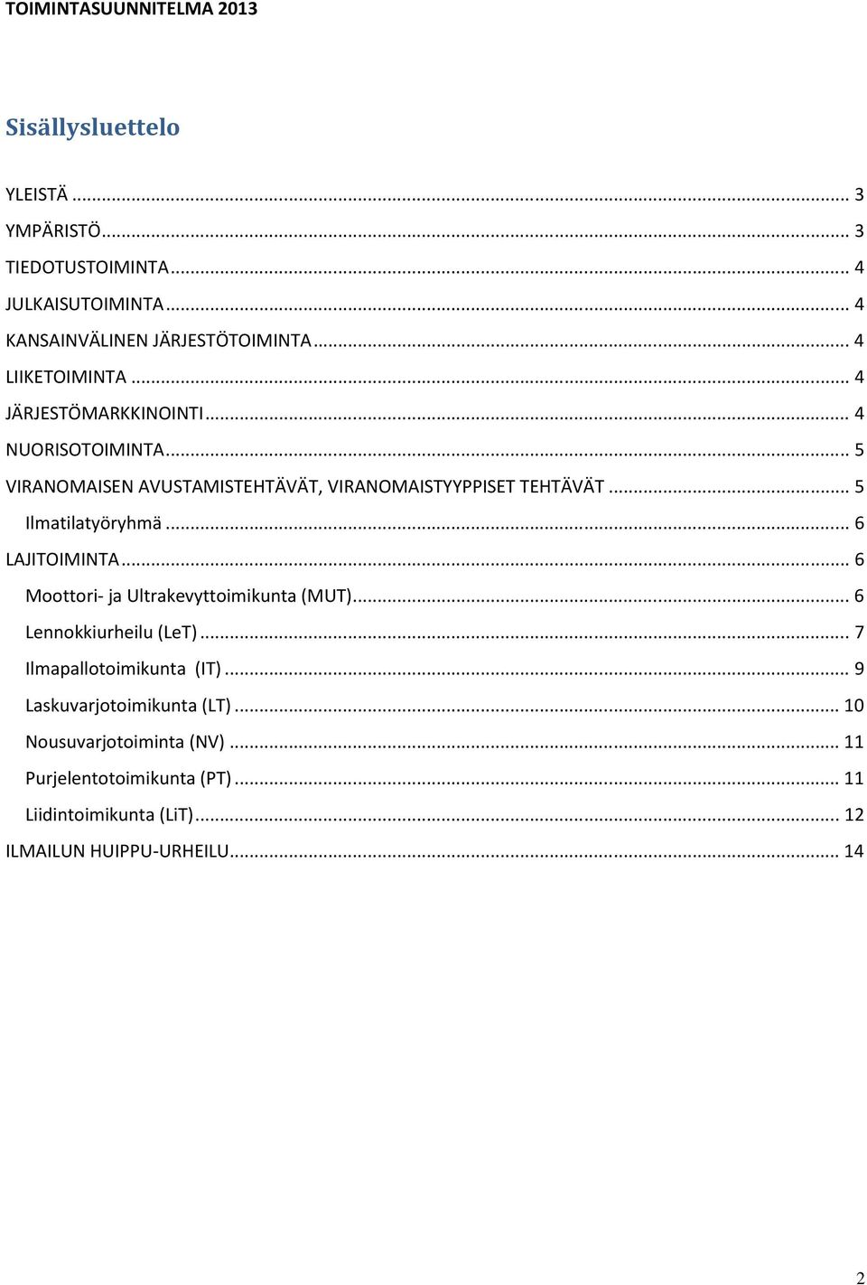 .. 5 Ilmatilatyöryhmä... 6 LAJITOIMINTA... 6 Moottori- ja Ultrakevyttoimikunta (MUT)... 6 Lennokkiurheilu (LeT)... 7 Ilmapallotoimikunta (IT).