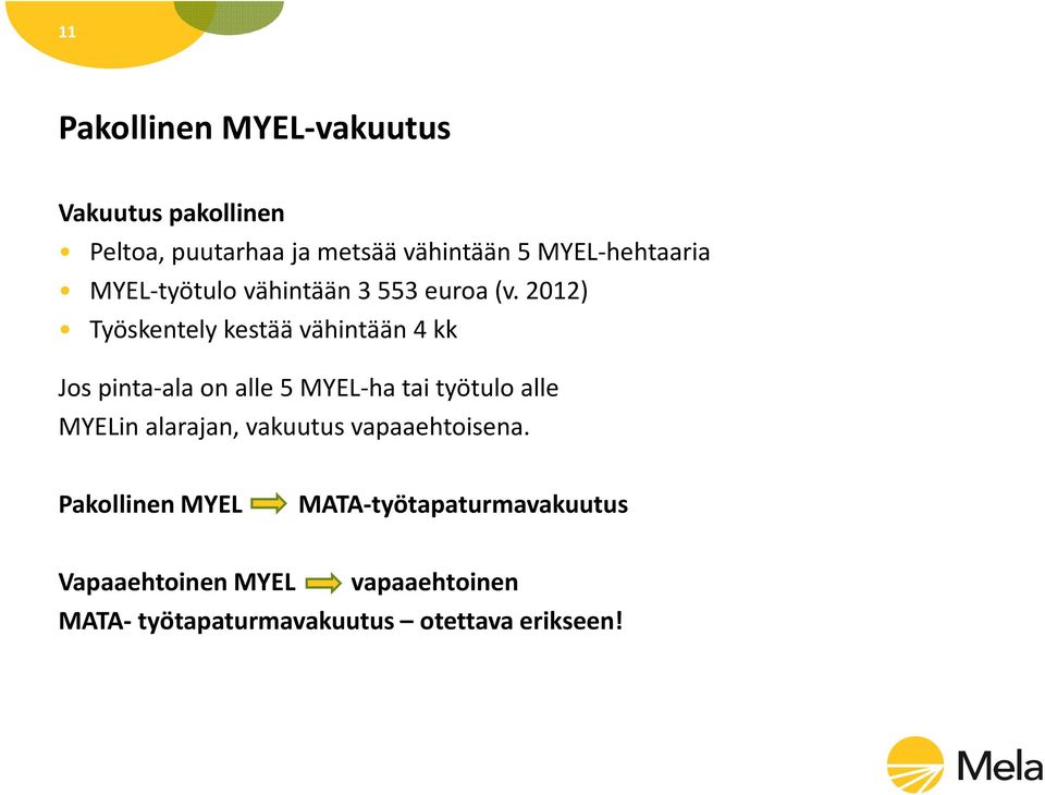 2012) Työskentely kestää vähintään 4 kk Jos pinta-ala on alle 5 MYEL-ha tai työtulo alle MYELin